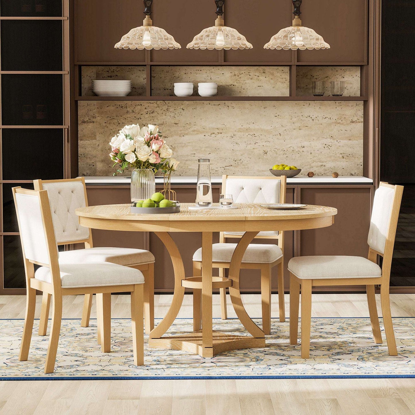 TREXM 5-Piece Retro Functional Dining Table Set Extendable Round Table