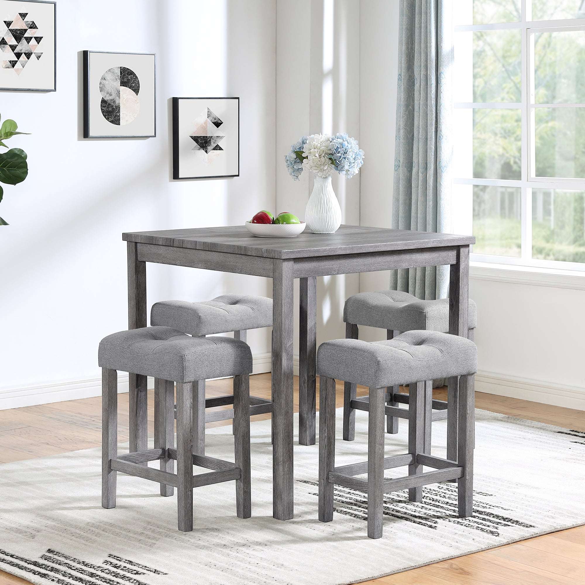 Gray 5 piece dining table set with bar stools in industrial style