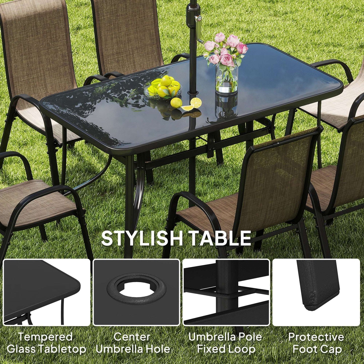 8 Pieces Furniture Set with 9Ft Patio Umbrella Dining Table and Chairs