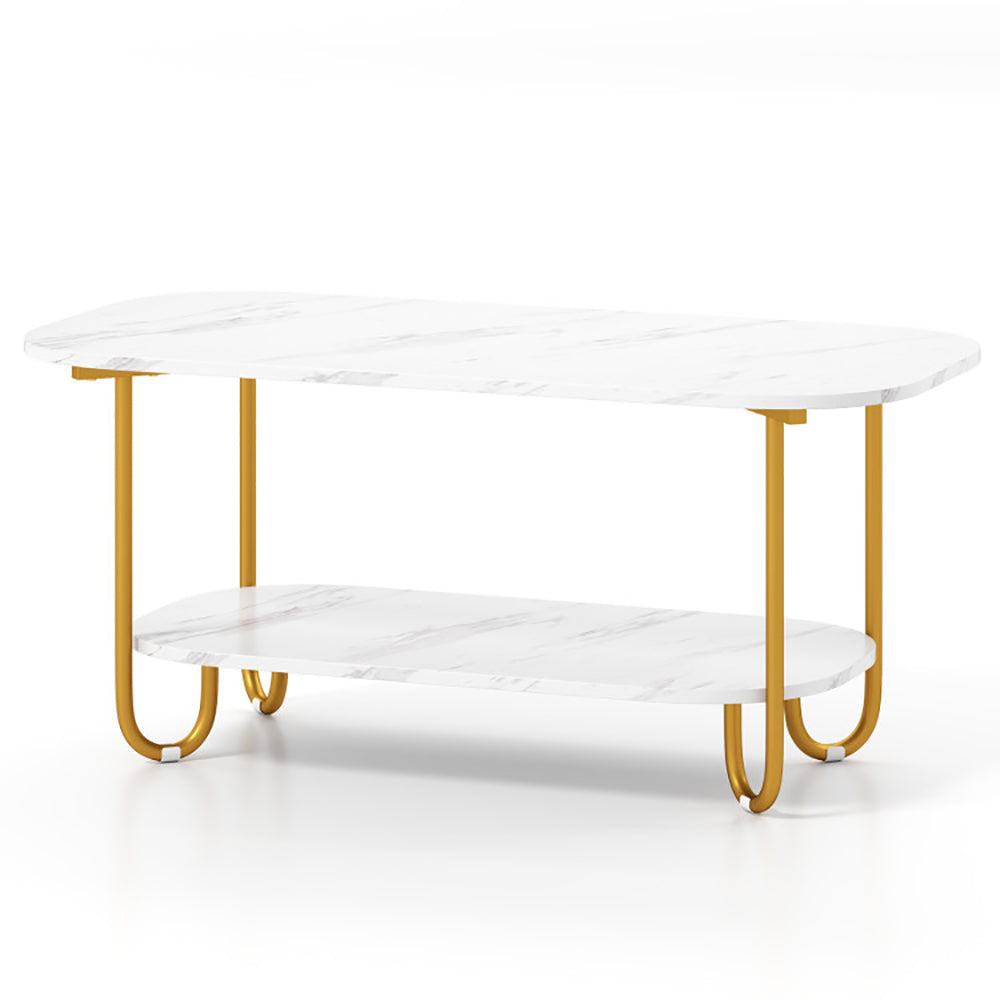 Modern 2-tier faux marble top coffee table with gold metal frame and spacious storage shelves