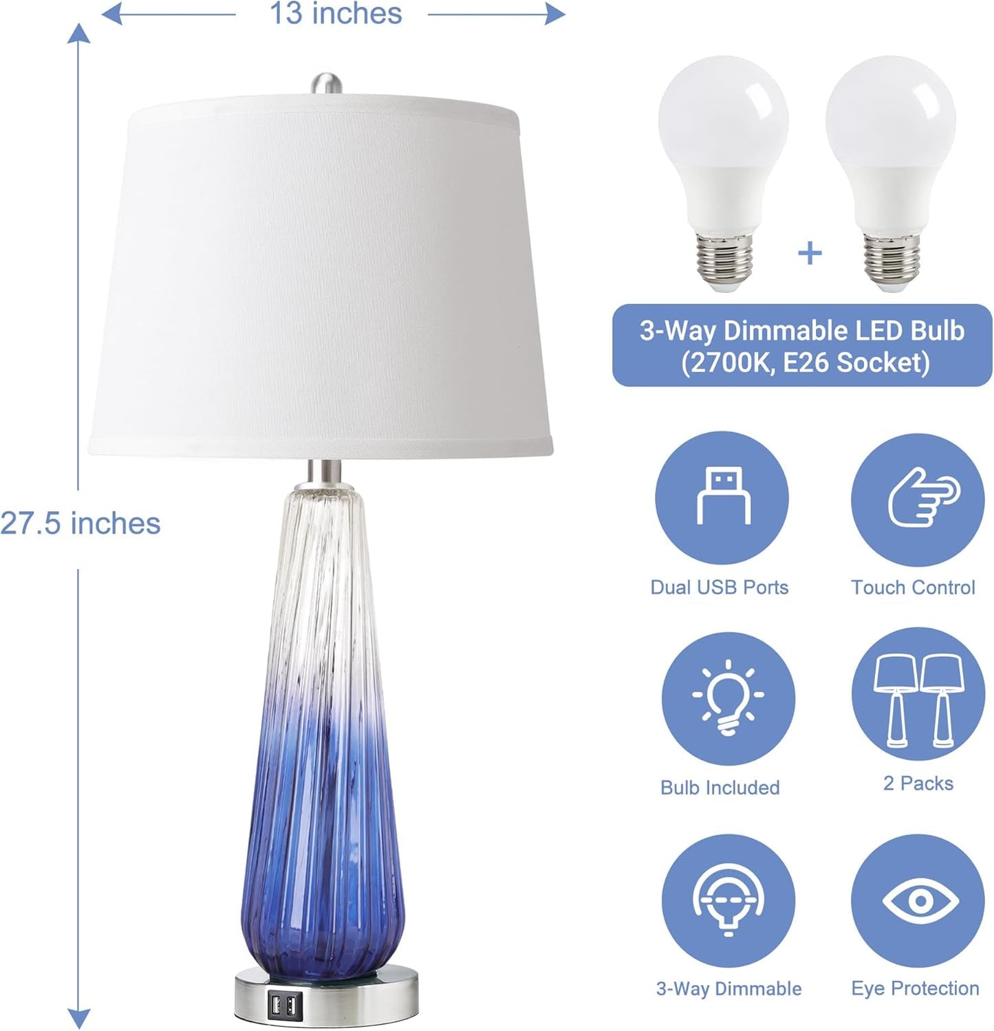 Table Lamps Set Of 2 With Touch Control, 3-Way Dimmable Modern Glass