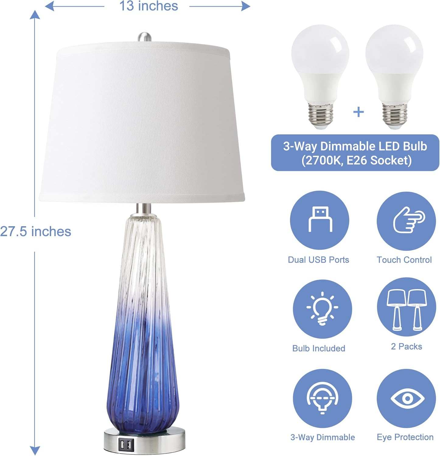 Modern table lamps set of 2 with touch control, striped glass design, white fabric shades, and silver metal bases