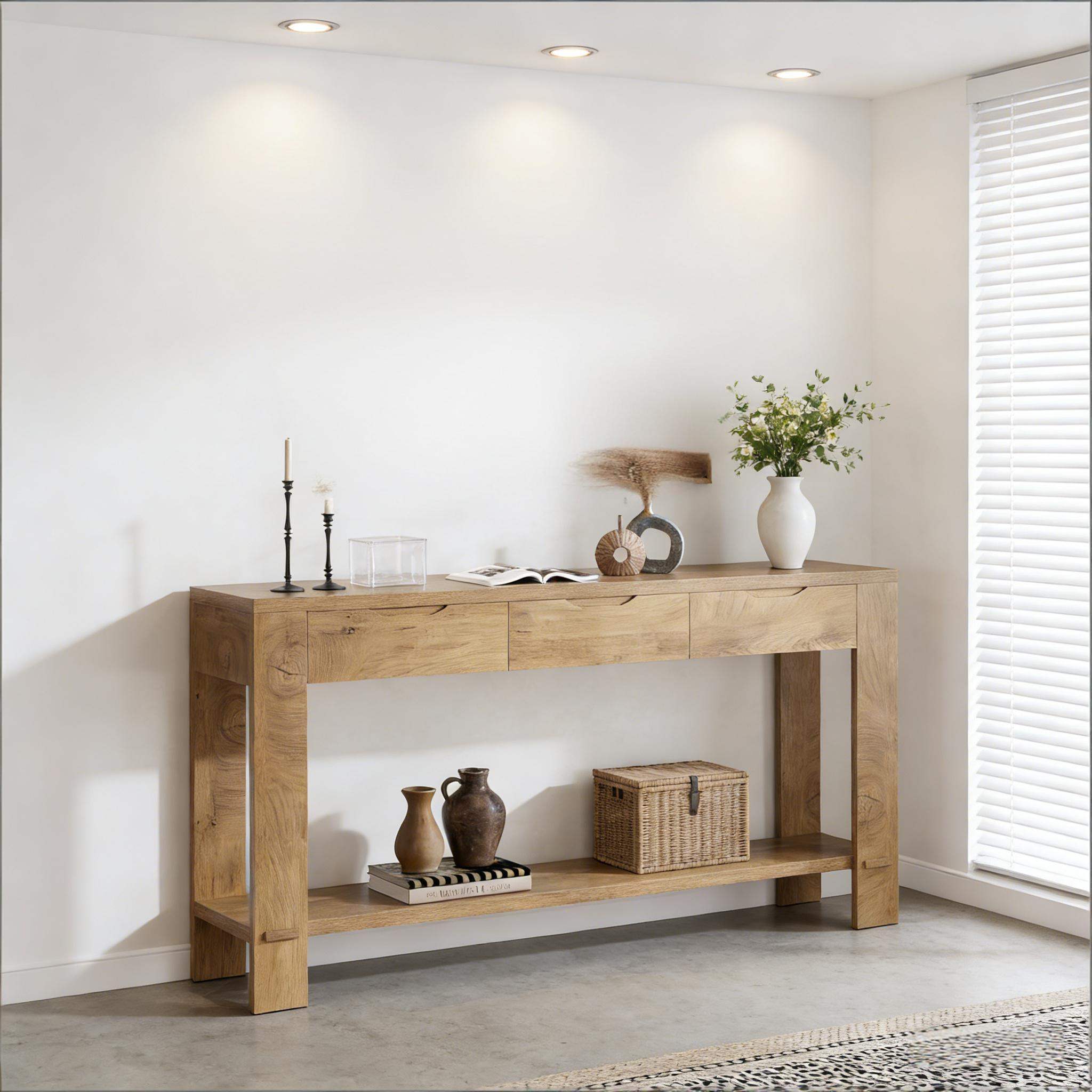Modern natural oak veneer console table with storage drawers and open shelf