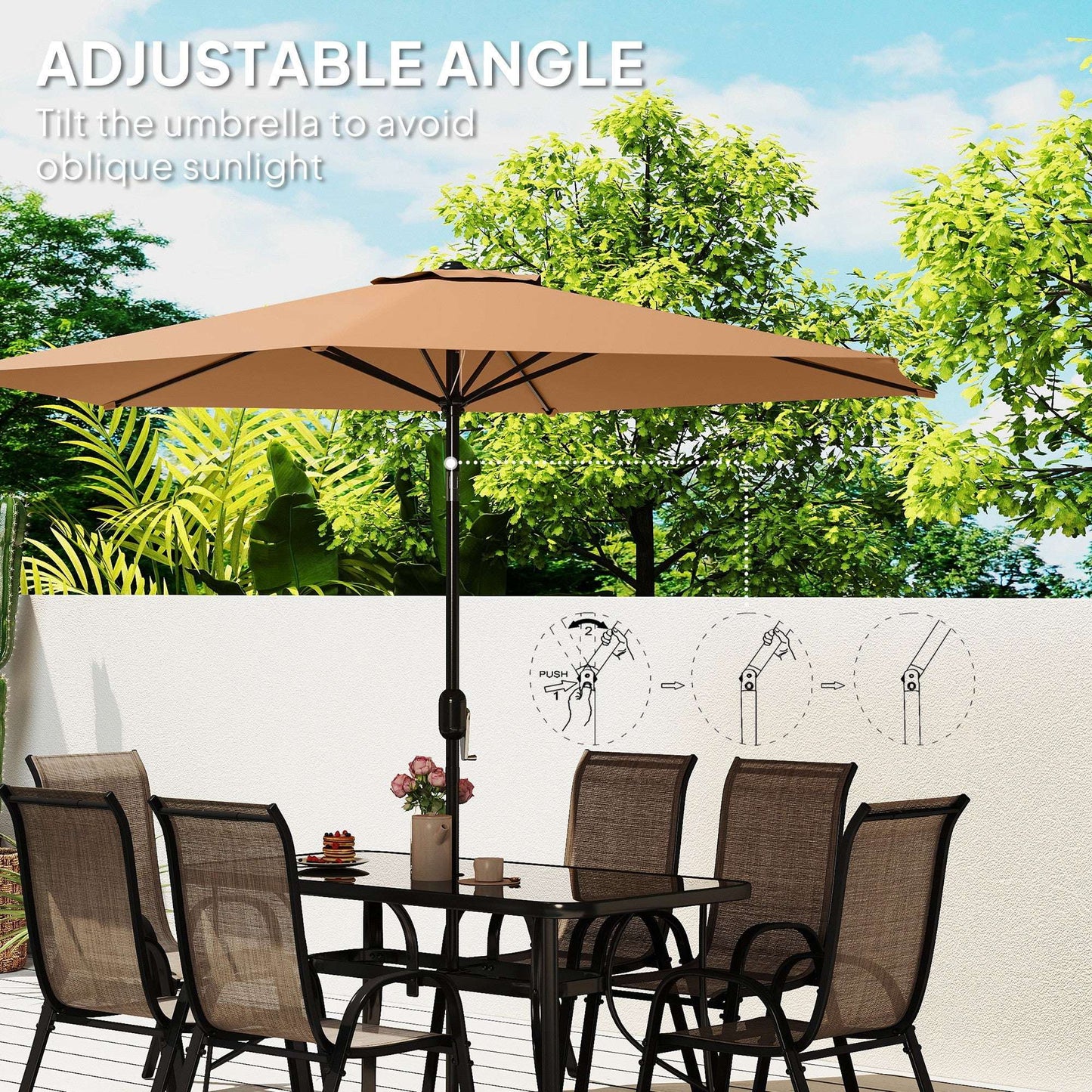 8 Pieces Furniture Set with 9Ft Patio Umbrella Dining Table and Chairs