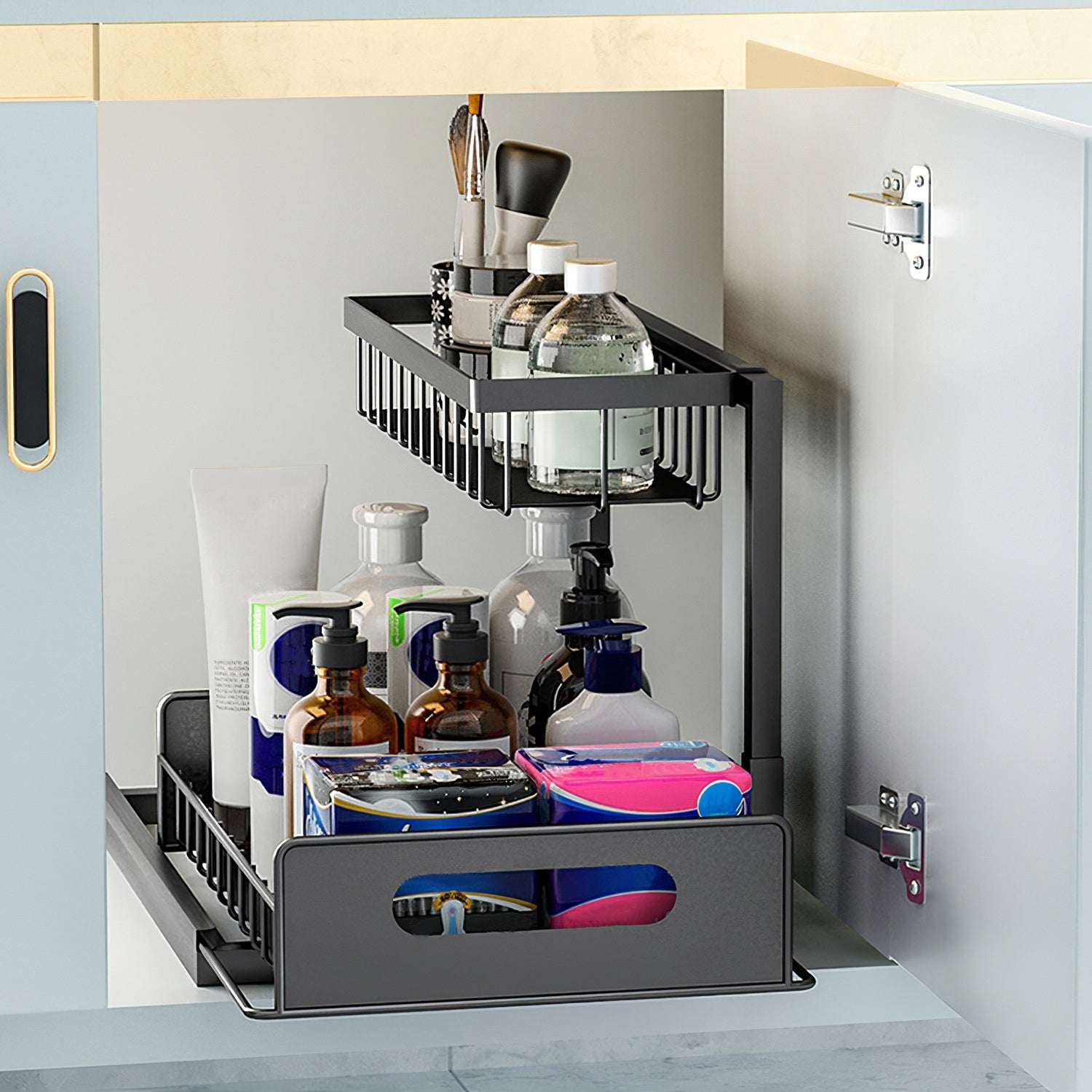 2 tier under sink organizers pull out under cabinet basket storage with sliding bottom basket and rust-proof carbon steel frame