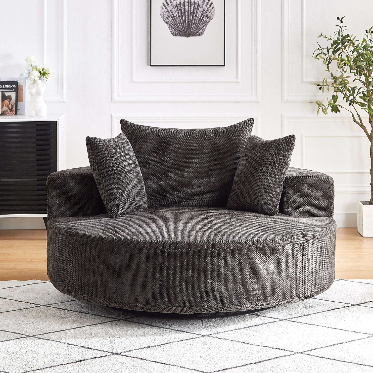 55''L Chenille Foam Single Swivel Chair, Fluffy Modern Sleeper