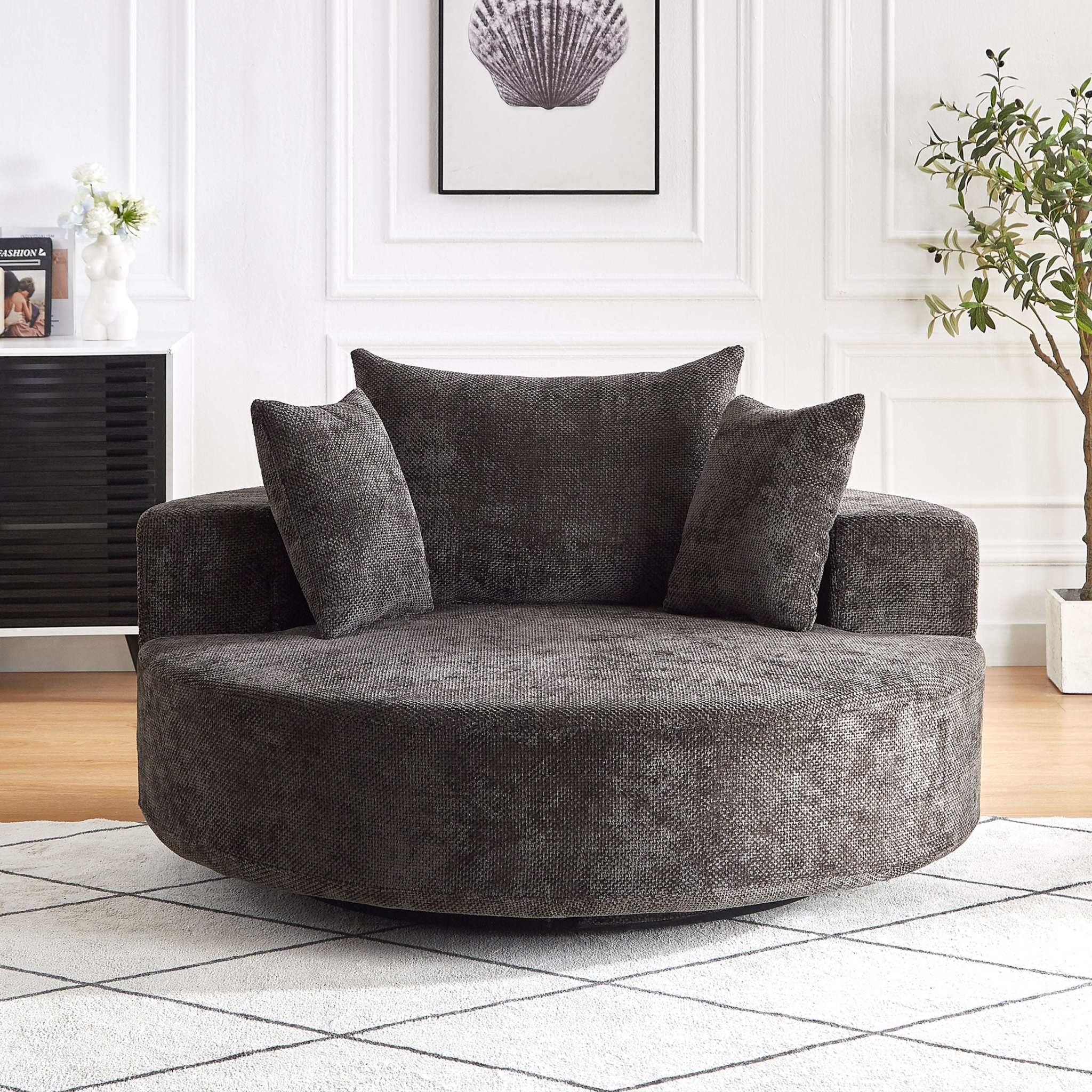 Black 55''L chenille foam single swivel chair with fluffy modern sleeper design