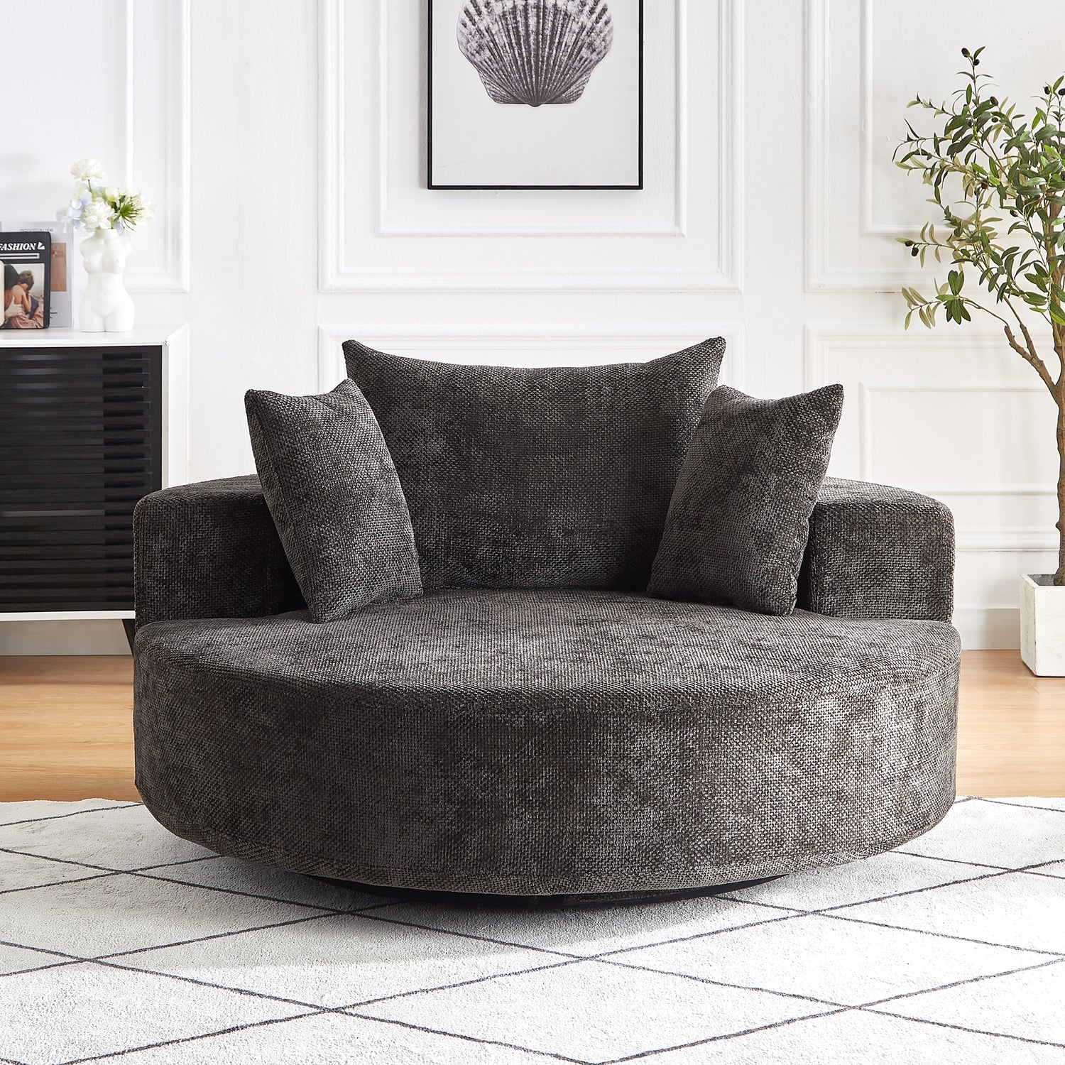 55''L Chenille Foam Single Swivel Chair, Fluffy Modern Sleeper