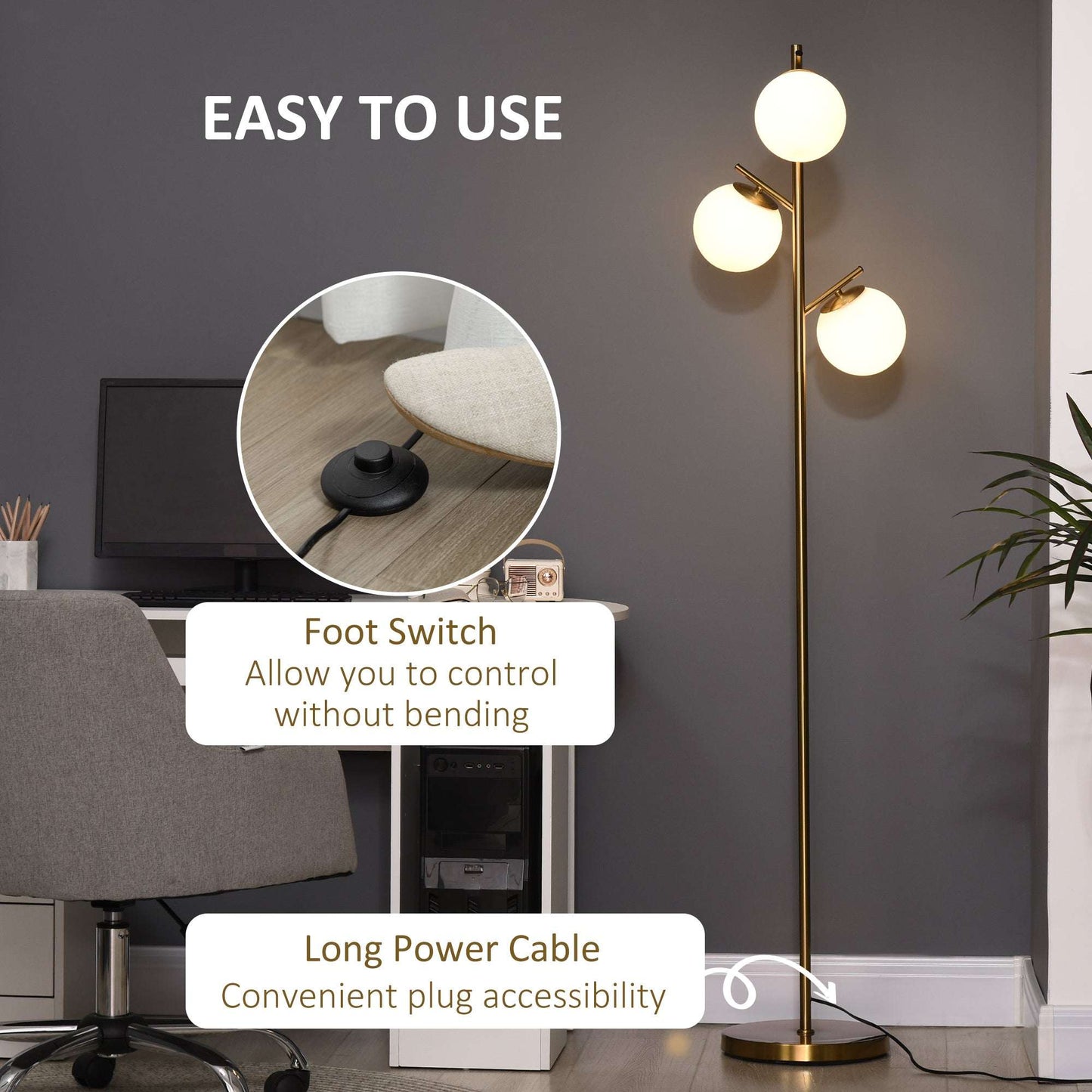 Modern 3-Light Floor Lamp For Living Room, Tree Standing Lamp 