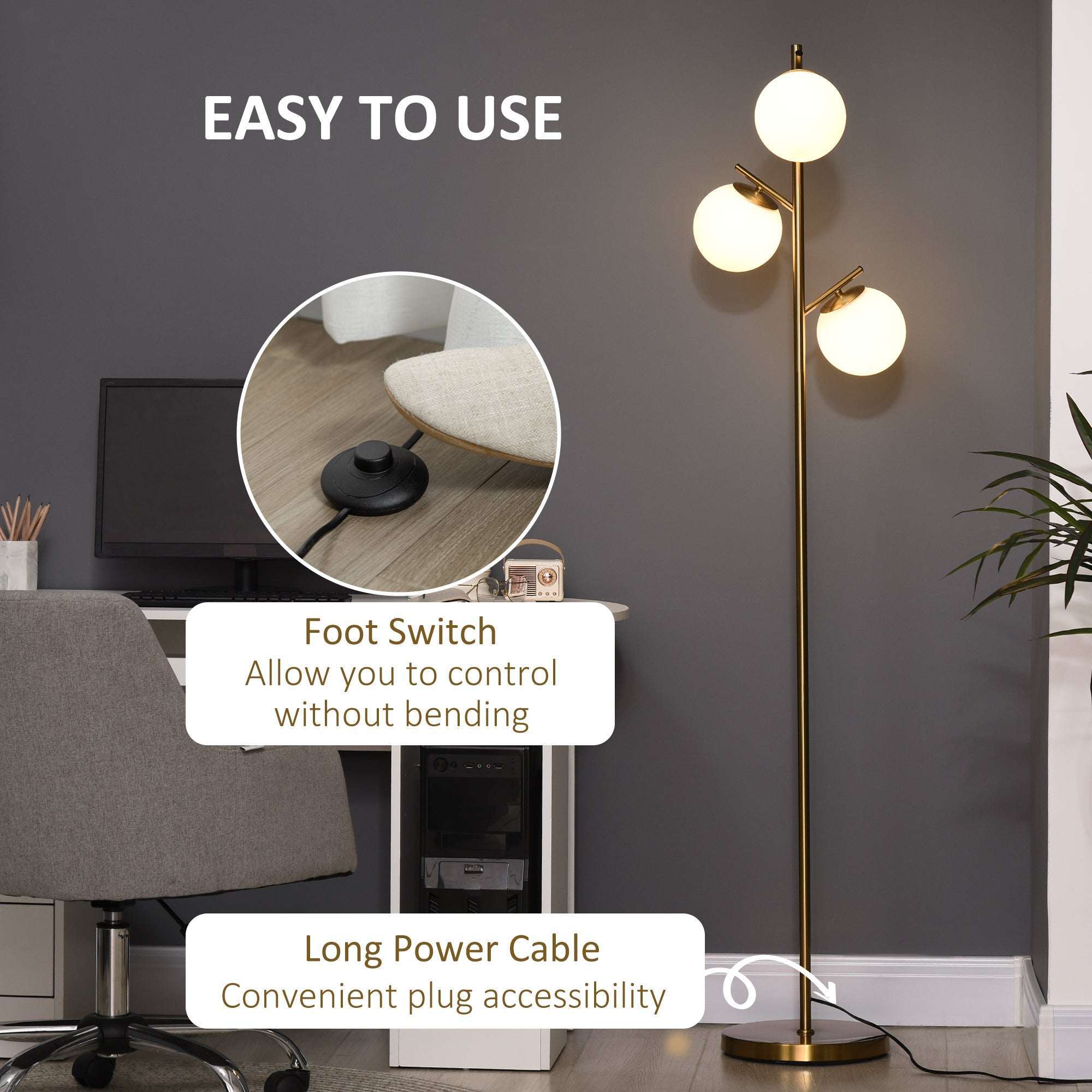Modern 3-Light Floor Lamp with adjustable metal heads and tripod base in living room setting