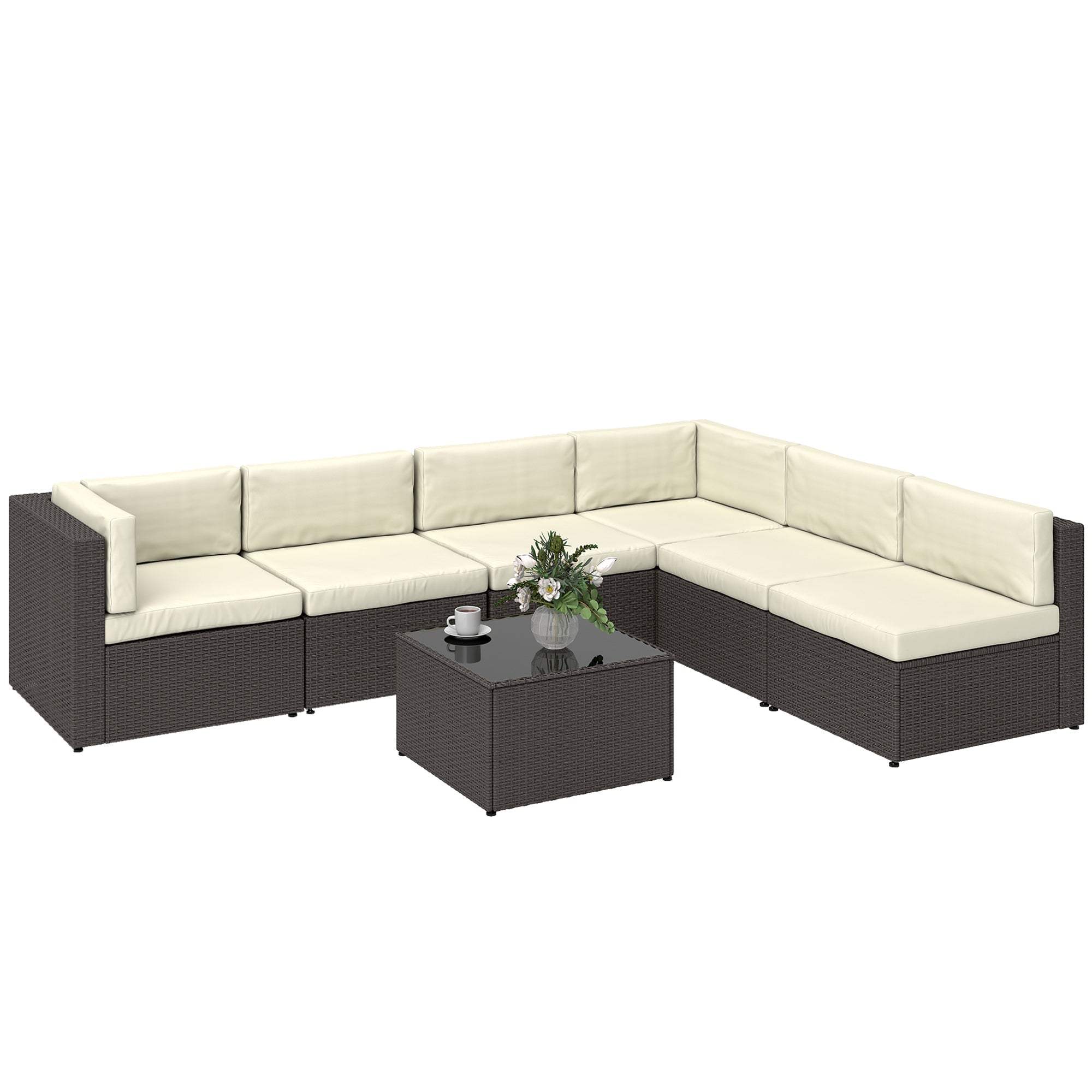 7 Piece Patio Furniture Set with all-weather PE rattan and tempered glass coffee table on a patio